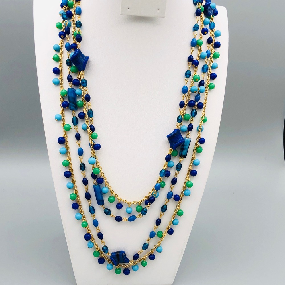 Vintage Beaded Flapper Necklaces 48 inch Blue Glass Beads Gold Tone Set of 2